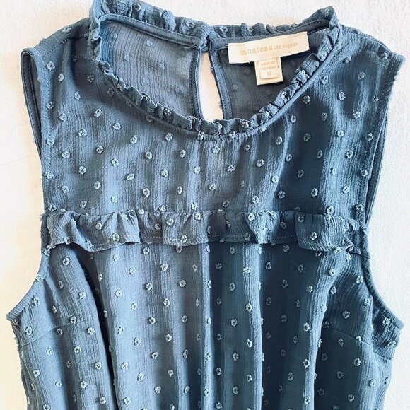 Monteau blue dotted Swiss sleeveless dress Womens Medium ruffle feminine - Picture 3 of 10